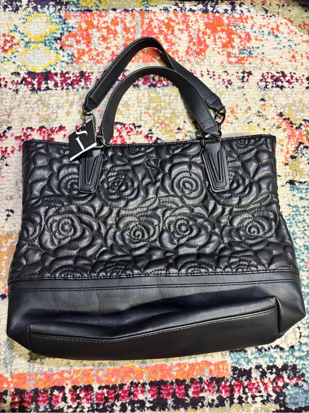 Black Quilted Floral Tote Bag - Vera Wang